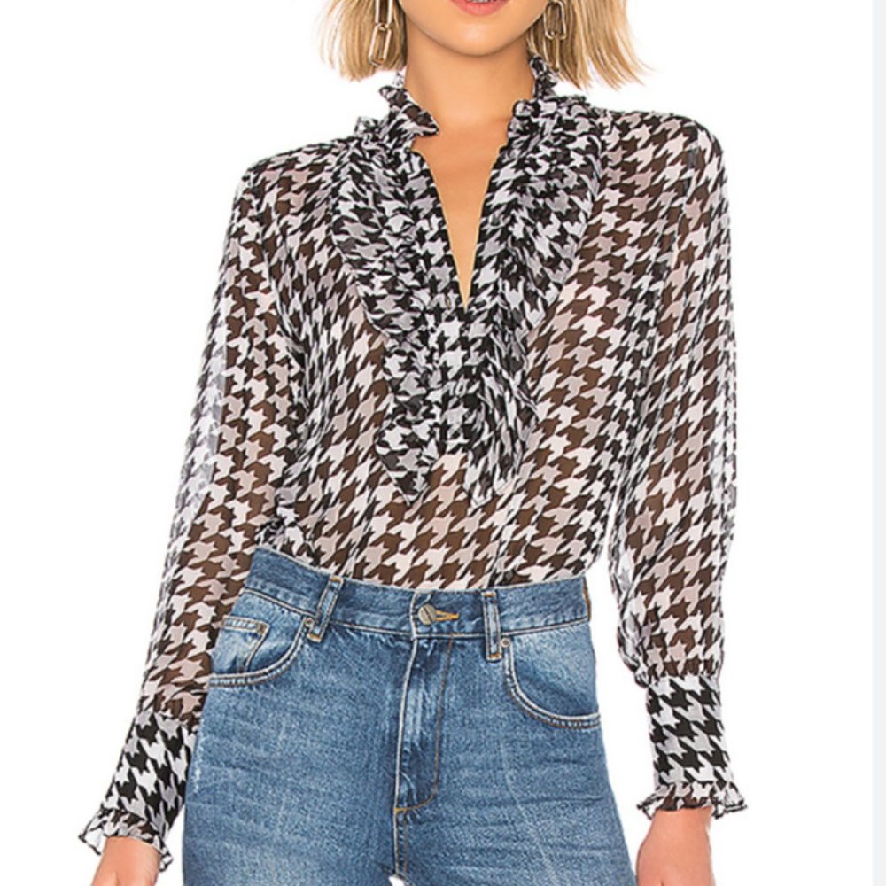 Equipment Black and White Houndstooth Ruffle V-Neck Blouse